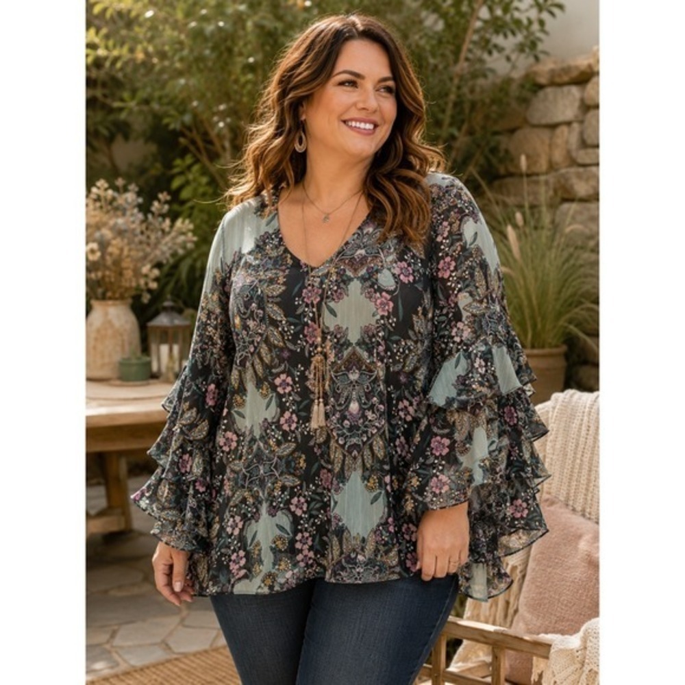 A. Byer 2X Sage Floral Ruffle Blouse Romantic Boho Fairy Flowy Top